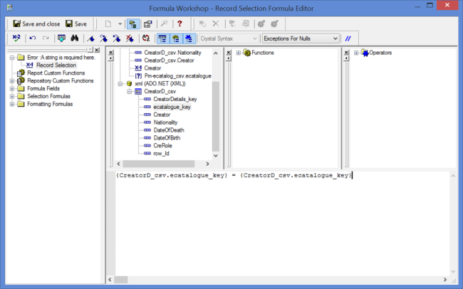 Record Selection Formula Editor